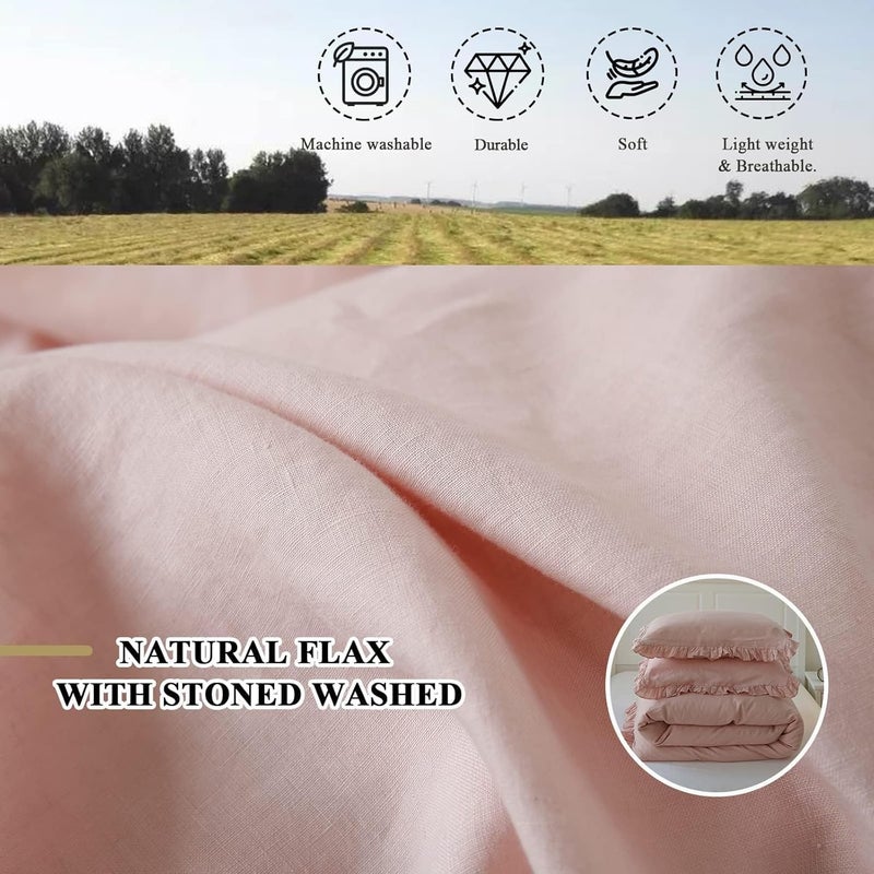 Simple&Opulence 100% Linen Duvet Cover Set, 3 PCS Natural French Flax Blush Pink Ruffle Duvet Cover Queen Size, Breathable Comfy Linen Bedding Comforter Cover with 2 Pillowcases(Blush Pink, 88" X 92") - Image 5